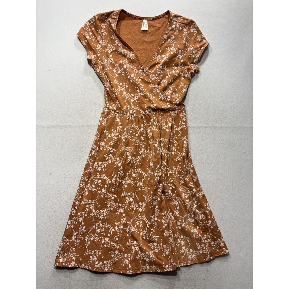 Pact Dress Womens Small Brown Floral V Neck Short Sleeve Fit Flare Knee Length